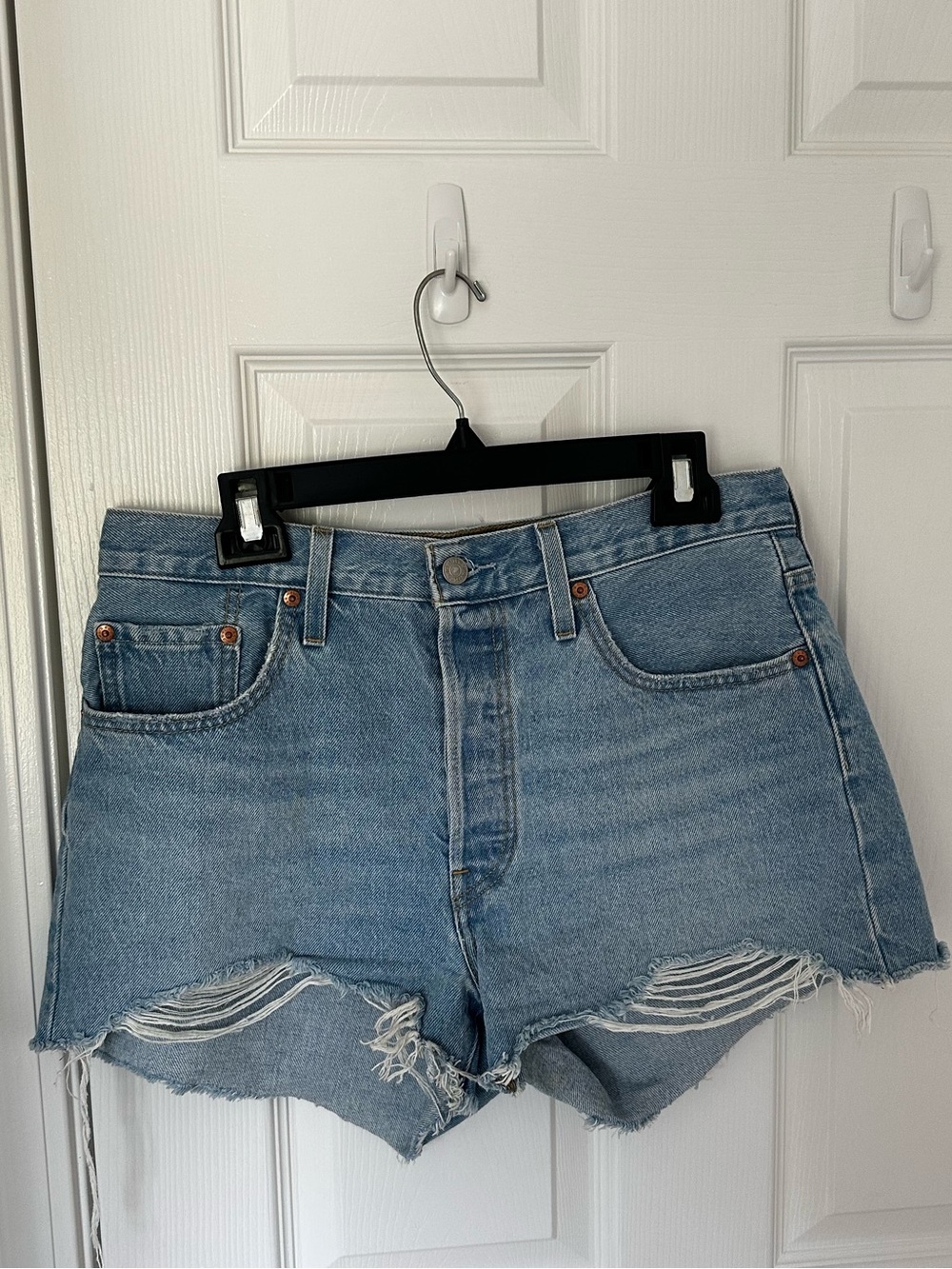 Levi’s 501 High Rise Light Blue Distressed Denin Shorts